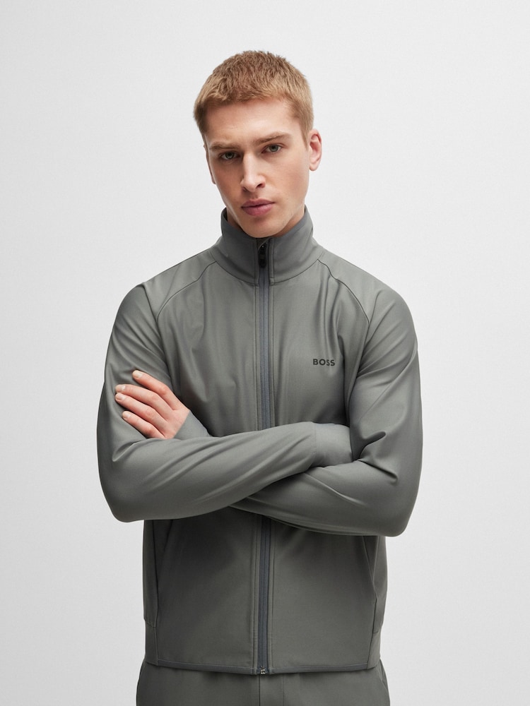 BOSS Grey Stretch-Interlock Zip-Up Sweatshirt With Decorative Reflective Logo - Image 1 of 4