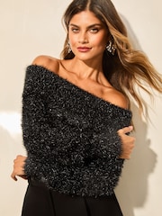 Lipsy Black Tinsel Off The Shoulder Knitted Jumper - Image 1 of 4