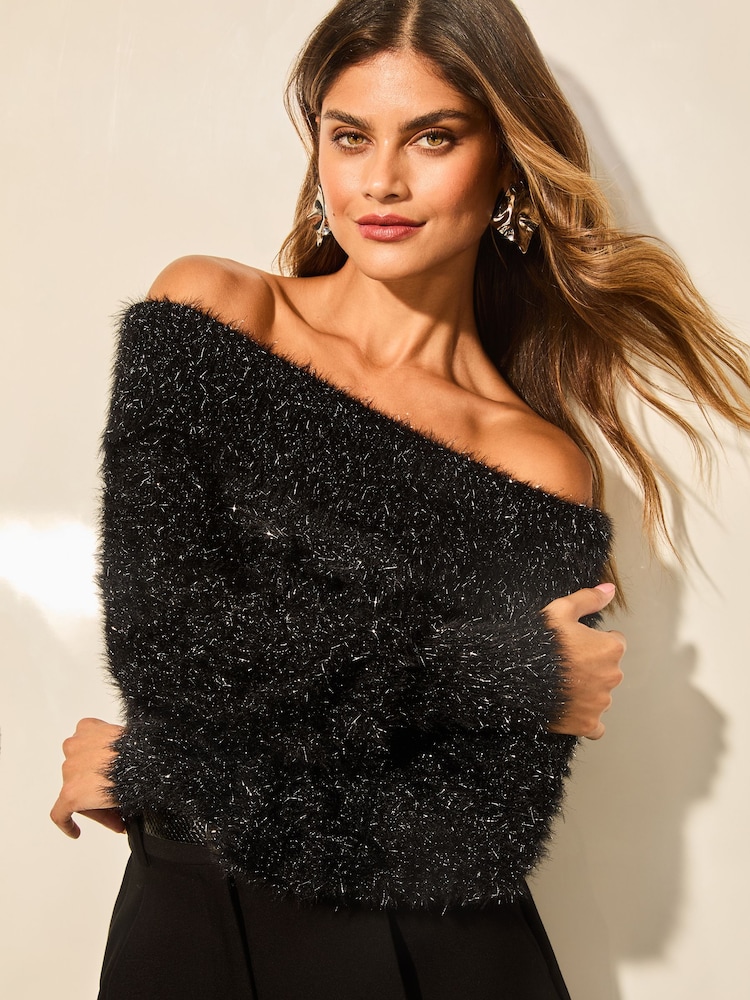 Lipsy Black Tinsel Off The Shoulder Knitted Jumper - Image 1 of 4
