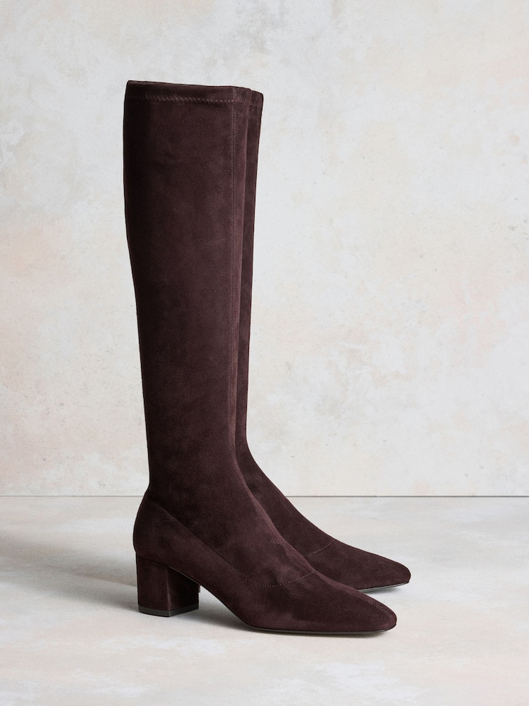 Russell & Bromley Brown Suede Carrie Knee High Block Heel Sock Boots - Image 2 of 8