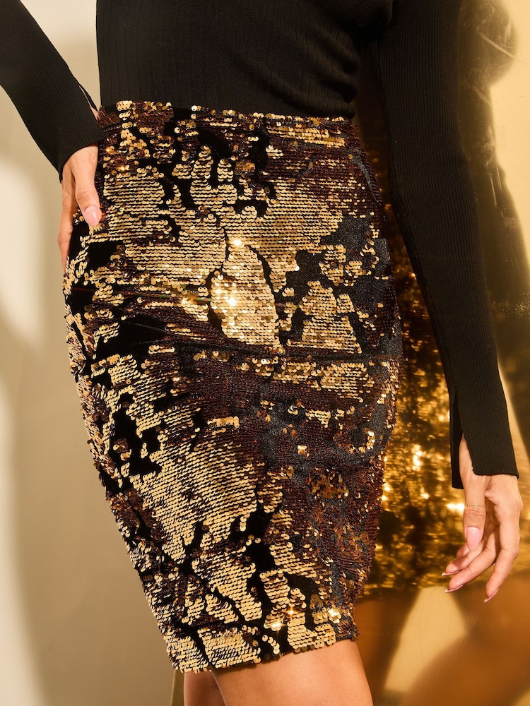 Lipsy Gold Sequin Petite Ribbed Knitted Print 2 in 1 Dress - Image 2 of 4