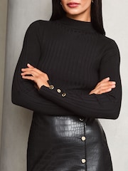 Lipsy Black Petite Ribbed Knitted Print 2 in 1 Dress - Image 3 of 4