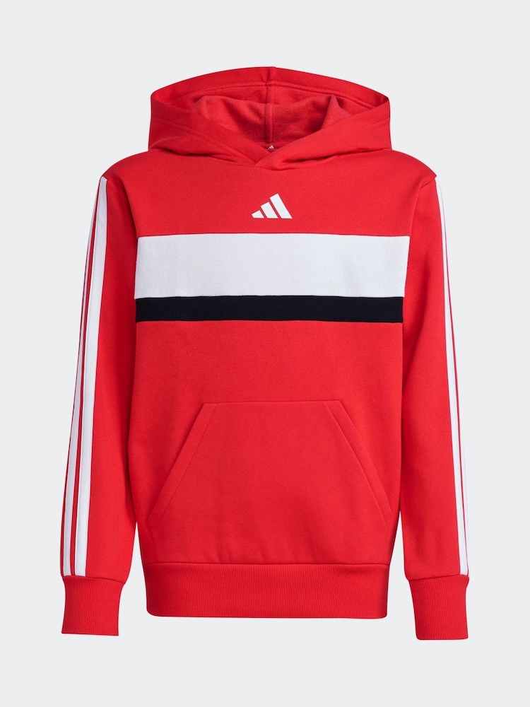 adidas Red 3 Stripe Tibero Fleece Hoodie - Image 6 of 6