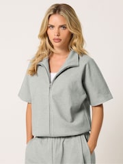 PixieGirl Petite Grey Brushed Funnel Neck Jacket & Barrel Trousers Set - Image 2 of 6