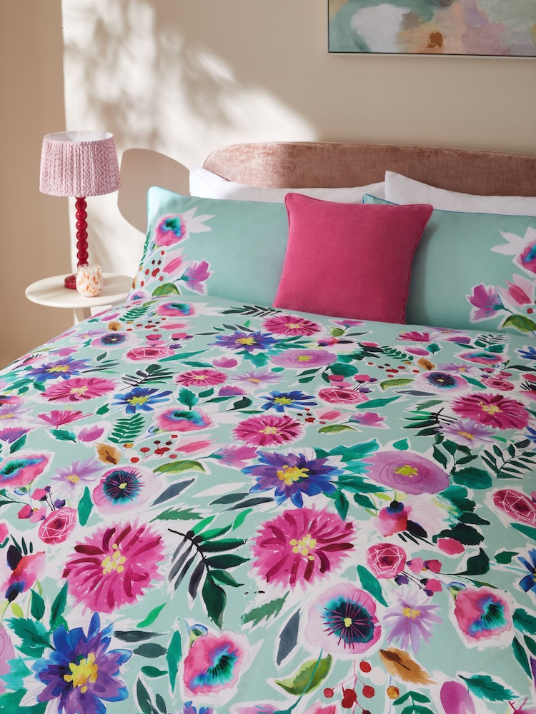 Blue 100% Cotton Floral Print Duvet Cover Set - Image 1 of 4