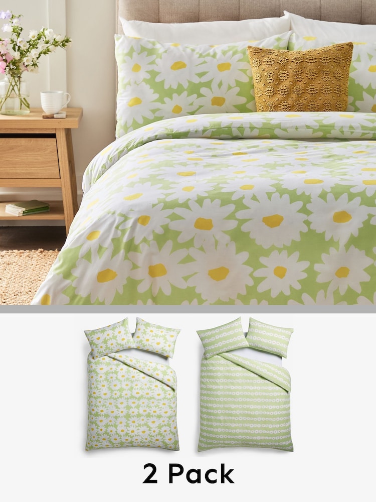 2 Pack Green Floral Daisy Reversible Duvet Cover and Pillowcase Set - Image 1 of 9