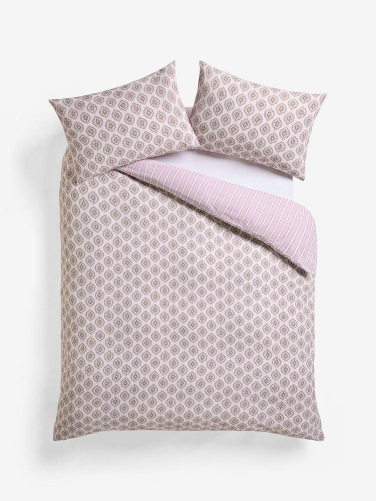 Purple Lilac 100% Cotton Floral Print Stripe Matelassé Duvet Cover and Pillowcase Set - Image 7 of 7