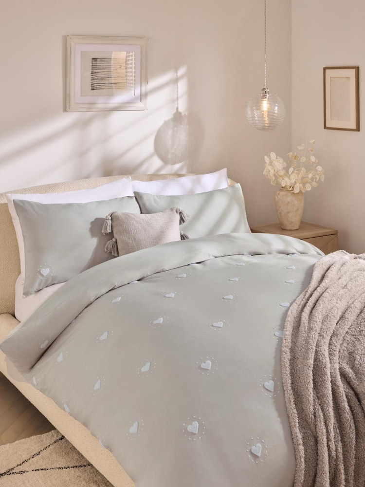 Grey 100% Cotton Heart Tuft & Embroidery Duvet Cover Set - Image 1 of 3 Grey 100% Cotton Heart Tuft & Embroidery Duvet Cover Set - Image 1 of 3