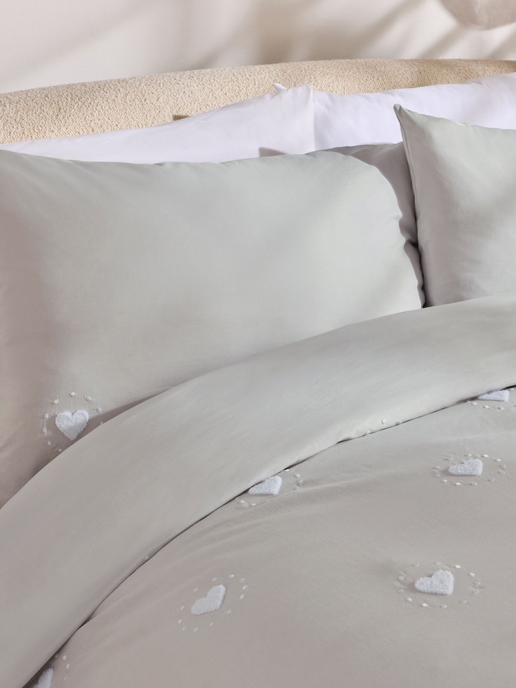 Grey 100% Cotton Heart Tuft & Embroidery Duvet Cover Set - Image 2 of 3 Grey 100% Cotton Heart Tuft & Embroidery Duvet Cover Set - Image 2 of 3