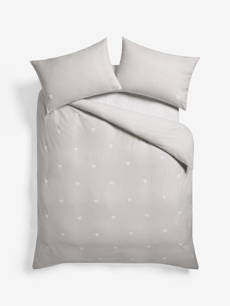 Grey 100% Cotton Heart Tuft & Embroidery Duvet Cover Set - Image 3 of 3 Grey 100% Cotton Heart Tuft & Embroidery Duvet Cover Set - Image 3 of 3
