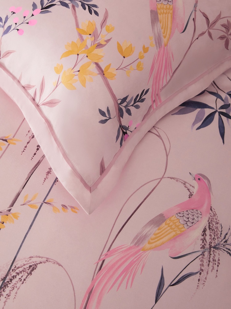 Pink 300 Thread Count Sateen Oriental Floral Duvet Cover and Pillowcase Set - Image 4 of 5
