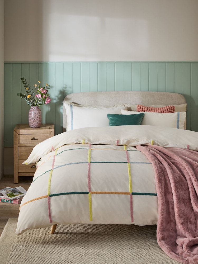 Multi Tufted Check 100% Cotton Duvet Cover and Pillowcase Set - Image 1 of 4