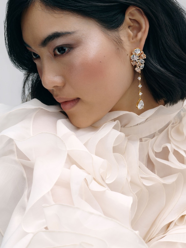 CERENE Vire Clear Crystal Gold Tone Cluster Statement Drop Earrings - Image 1 of 6