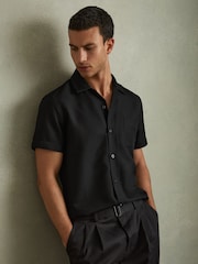 Reiss Black Tokyo Cuban Collar Button-Through Shirt - Image 1 of 5