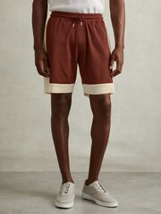 Reiss Rust Red/ Off White Pico Colourblock Plisse Drawstring Shorts - Image 1 of 5