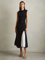 Reiss Black Faro Hybrid Colourblock Midi Dress - Image 1 of 6