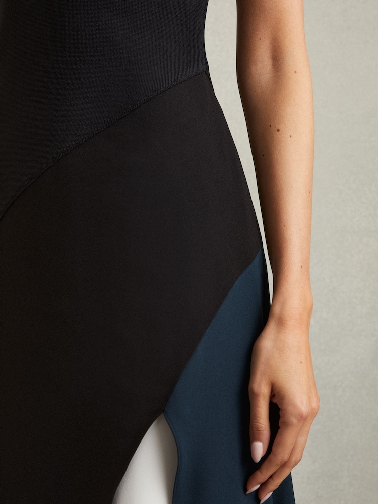 Reiss Black Faro Hybrid Colourblock Midi Dress - Image 4 of 6