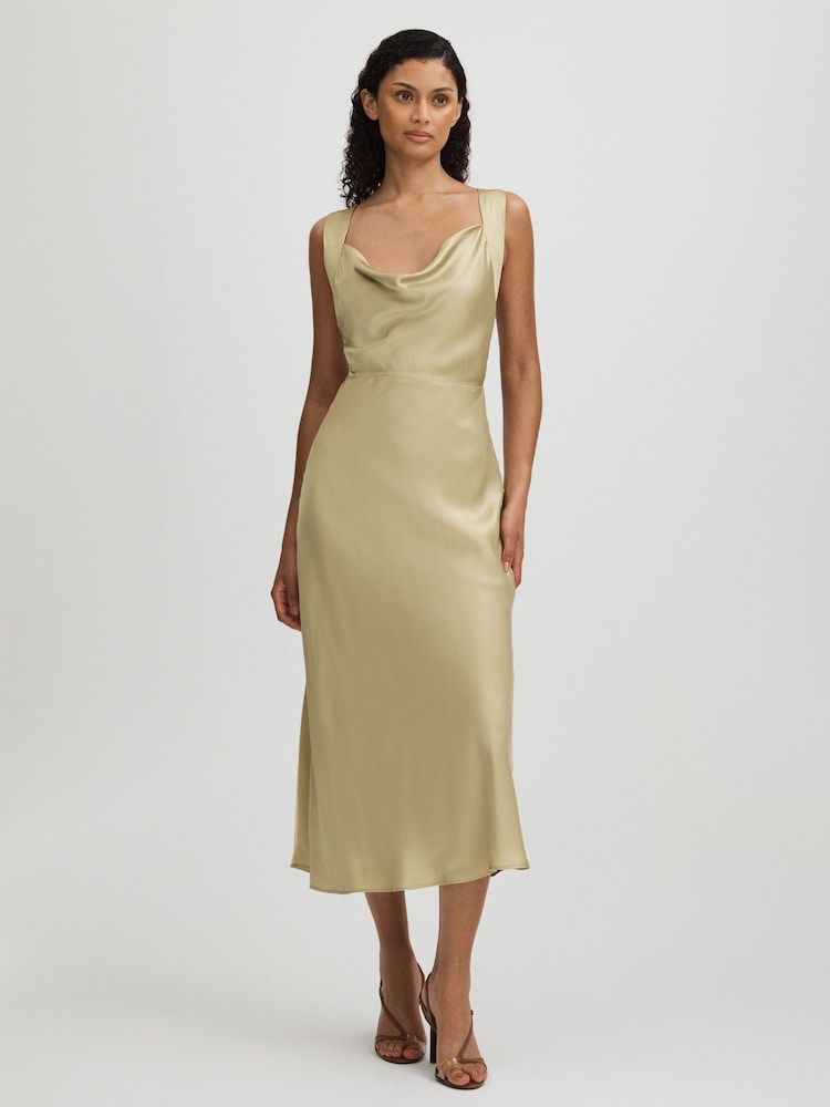 Paige Olive Silk Satin Cowl Neck Midi Dress - Image 1 of 4