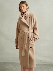 Reiss Neutral Prim Wool Blend Double Breasted Funnel Neck Coat - Image 4 of 6