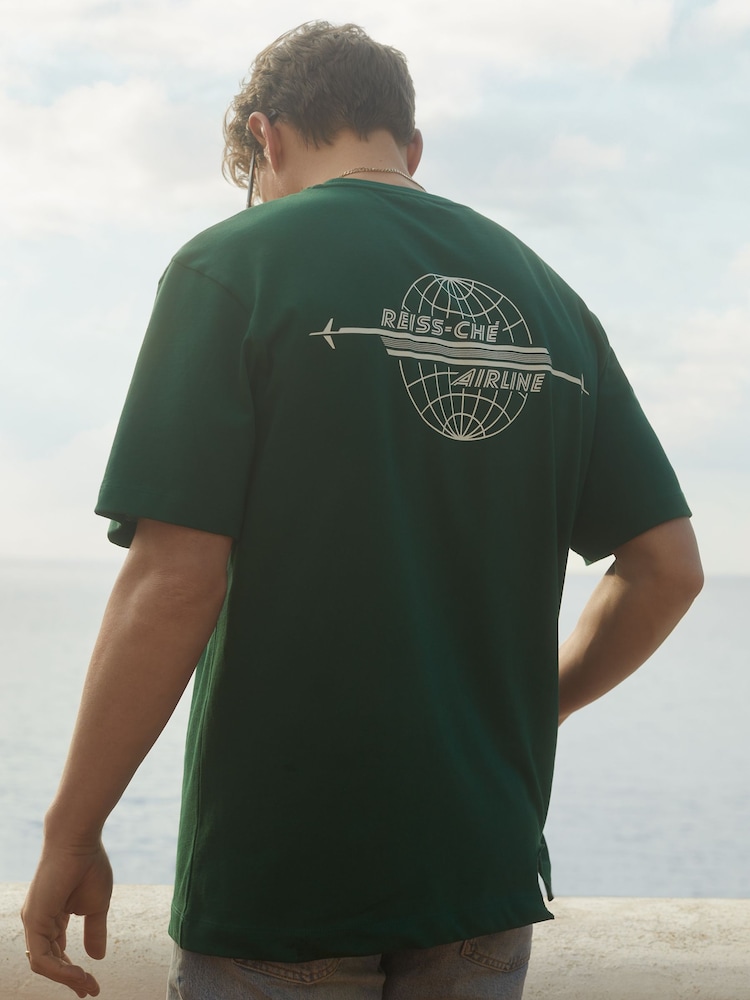 Reiss Dark Green/White Captain Reiss Ché Oversized Cotton Airline Print T-Shirt - Image 1 of 6
