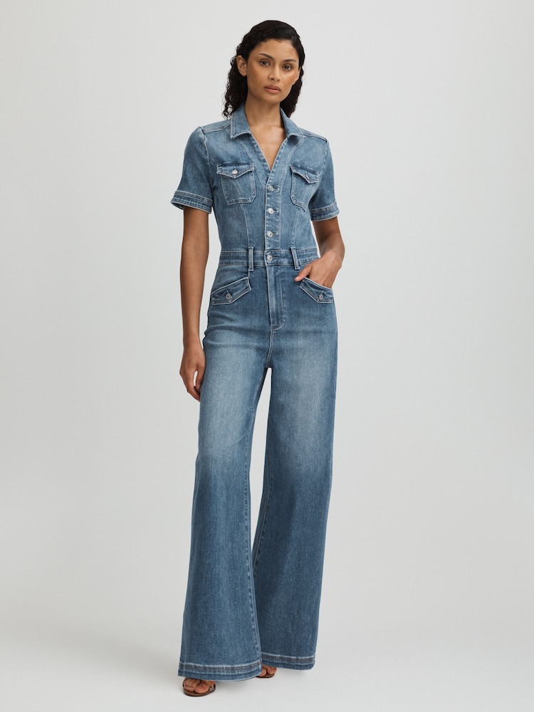 Paige Mid Blue Wide Leg Denim Jumpsuit - Imagen 1 de 5