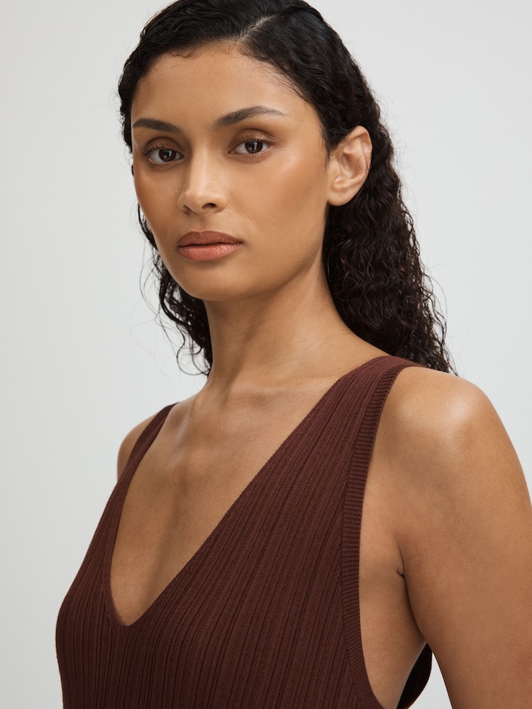 Paige Ribbed Bodycon Midi Brown Dress - Image 3 of 5
