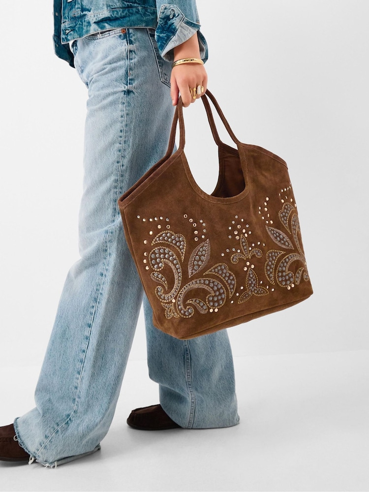Sac fourre-tout Accessorize en daim brodé à clous - Image 1 de 2