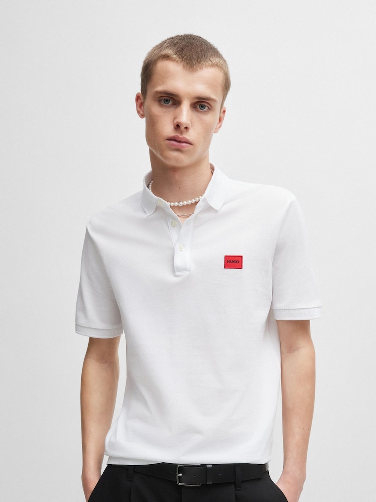 HUGO White 100% Cotton Piqué Logo Label Slim Fit Polo Shirt - Image 1 of 3 HUGO White 100% Cotton Piqué Logo Label Slim Fit Polo Shirt - Image 1 of 3
