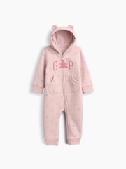 Gap Pink Floral Vintage Soft Logo Hooded One-Piece (0-24mths) - Image 2 of 3