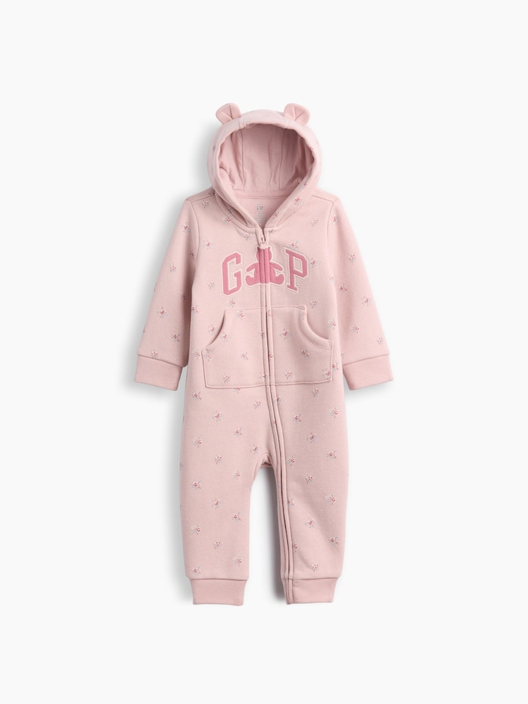 Gap Pink Floral Vintage Soft Logo Hooded One-Piece (0-24mths) - Image 2 of 3 Gap Pink Floral Vintage Soft Logo Hooded One-Piece (0-24mths) - Image 2 of 3