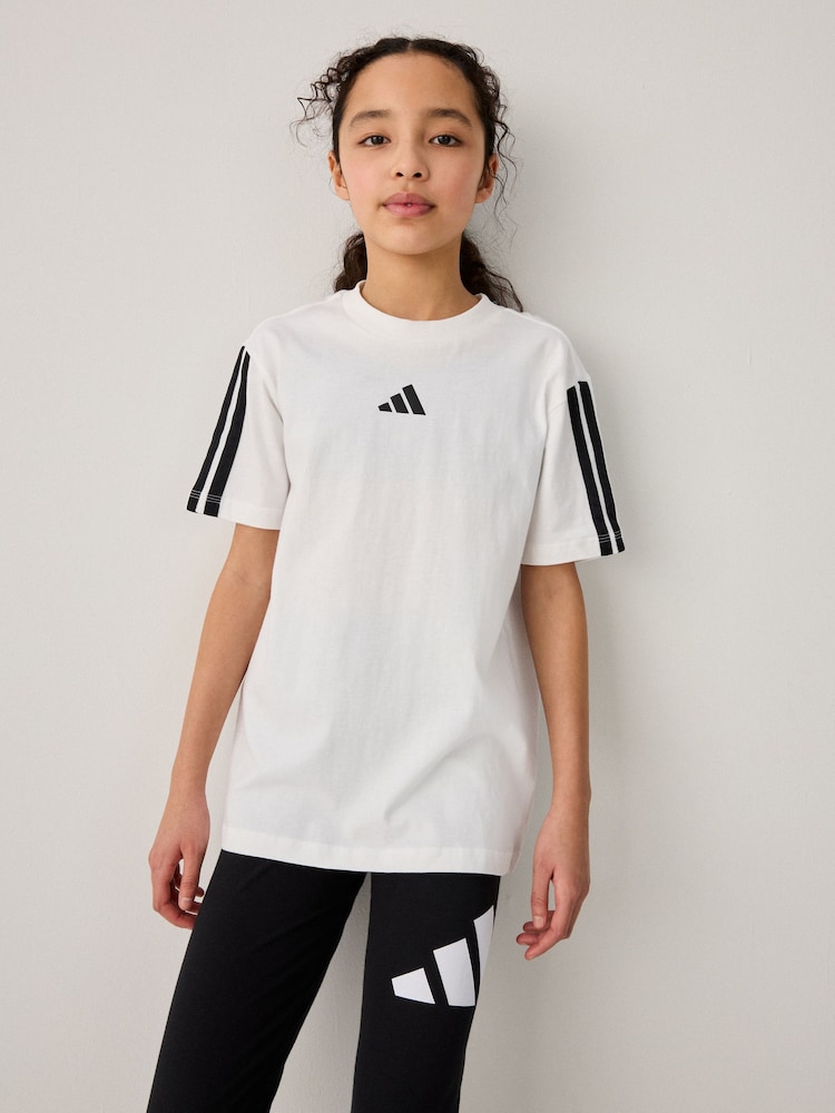 adidas White 3 Stripe Essentials 100% Cotton T-Shirt - Image 4 of 6
