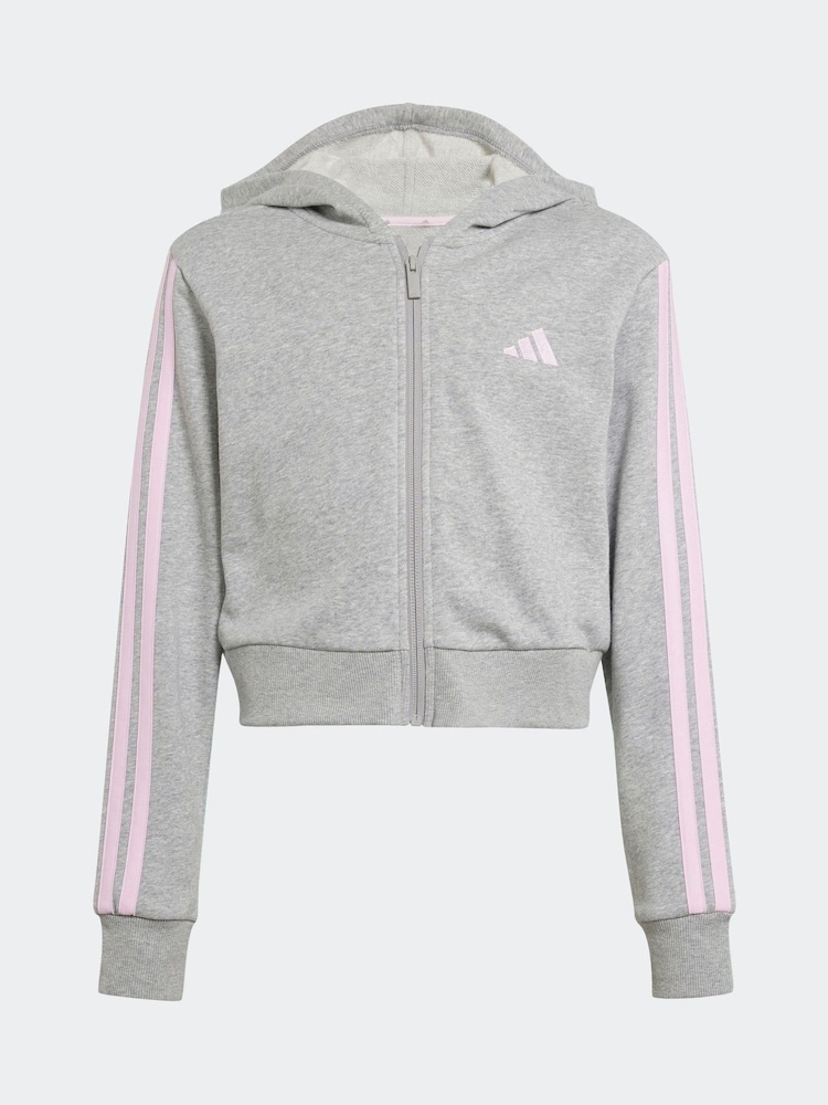 adidas Grey 3 Stripe Essentials Hoodie - Image 6 of 6