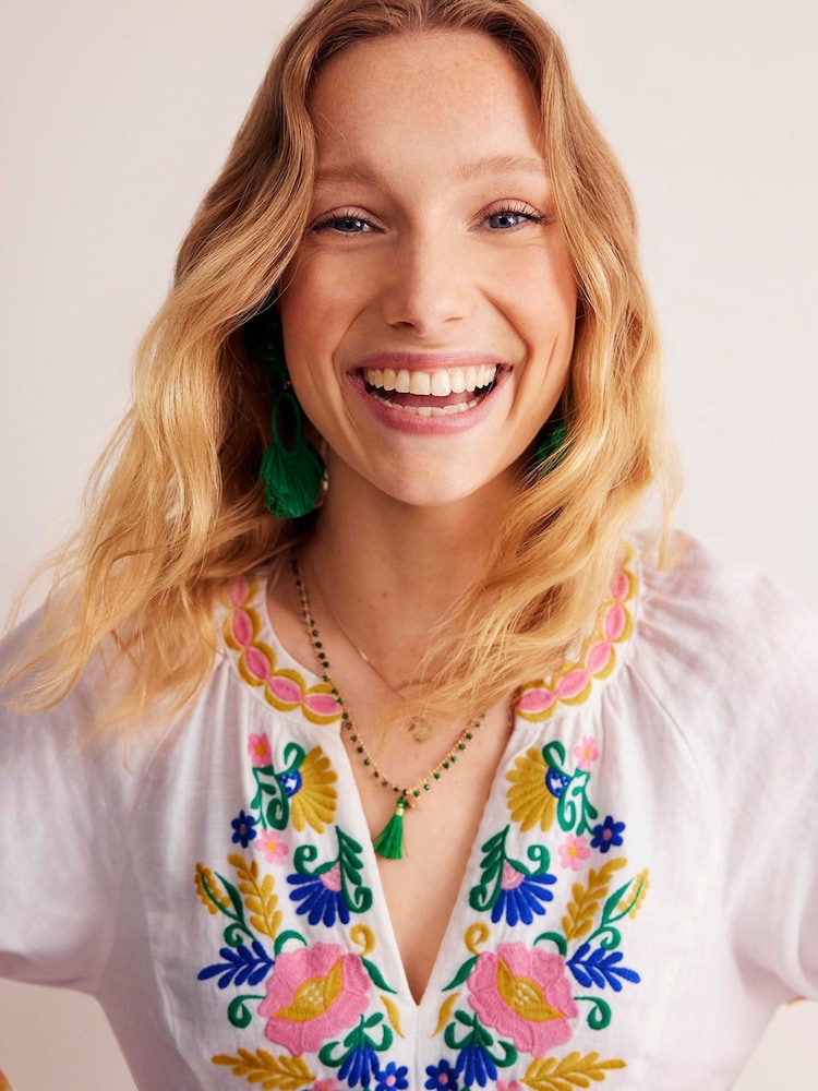 Boden White Una Linen Embroidered Dress - Image 2 of 7