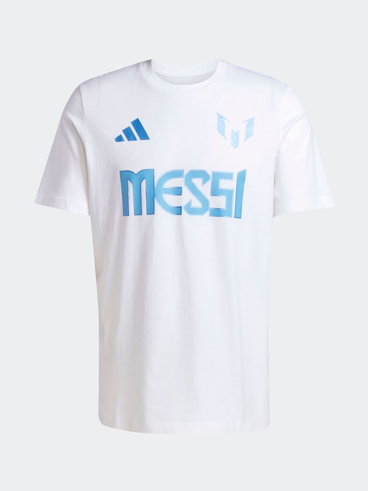 adidas White Messi Name and Number Graphic 100% Cotton T-Shirt - Image 6 of 6