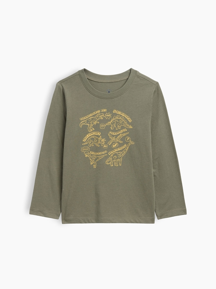 Gap Khaki Green Dinosaur Graphic Long Sleeve T-Shirt (6mths-5yrs) - Image 1 of 3 Gap Khaki Green Dinosaur Graphic Long Sleeve T-Shirt (6mths-5yrs) - Image 1 of 3