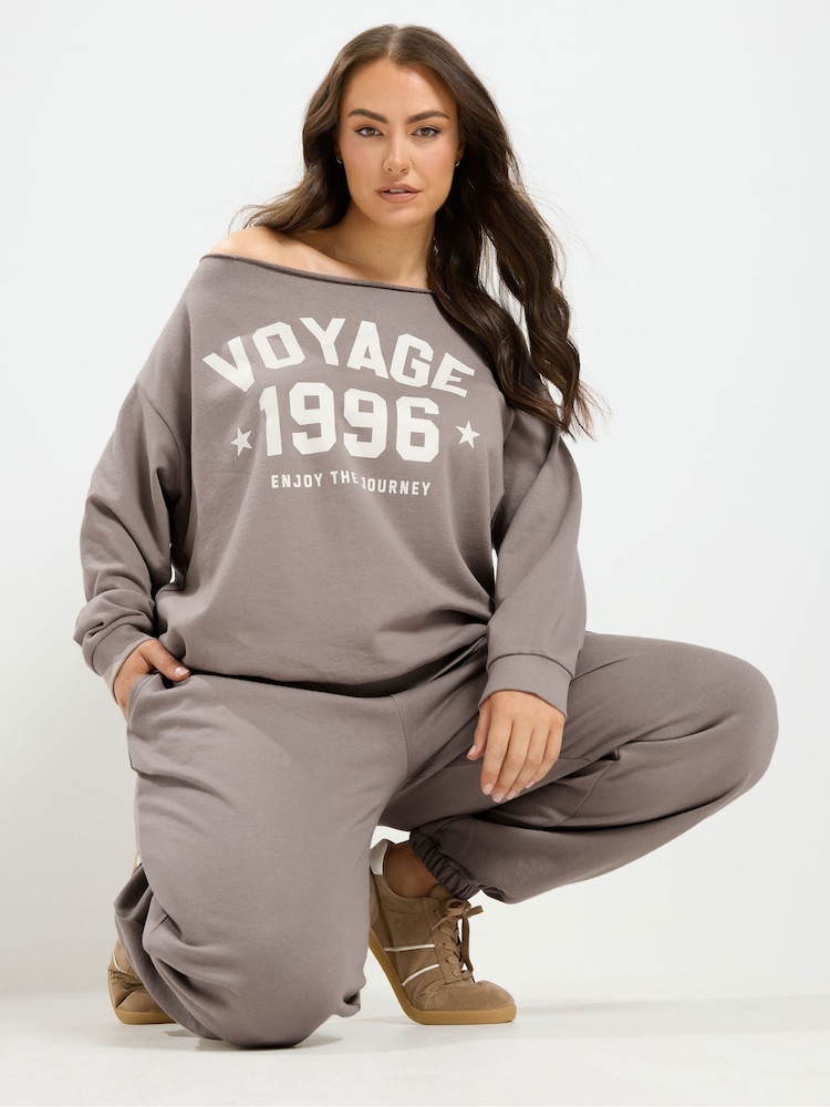 Yours Curve Brown Slouch Sweatshirt & Jogger Set - Image 1 of 6