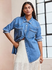 Mid Blue Oversize Denim 100% Cotton Shirt - Image 2 of 8