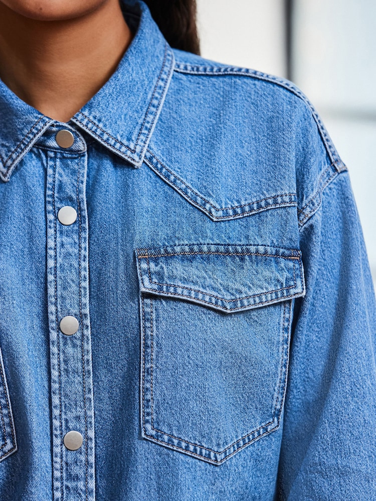 Mid Blue Oversize Denim 100% Cotton Shirt - Image 5 of 8