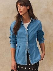 Bleu moyen - Chemise en jean 100% coton à taille cintrée - Image 1 de 7