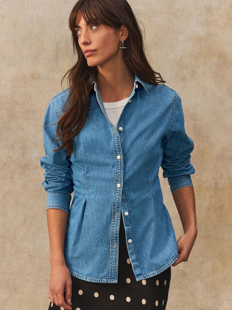 Bleu moyen - Chemise en jean 100% coton à taille cintrée - Image 1 de 7