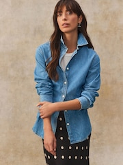Bleu moyen - Chemise en jean 100% coton à taille cintrée - Image 2 de 7