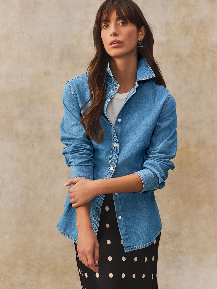 Bleu moyen - Chemise en jean 100% coton à taille cintrée - Image 2 de 7