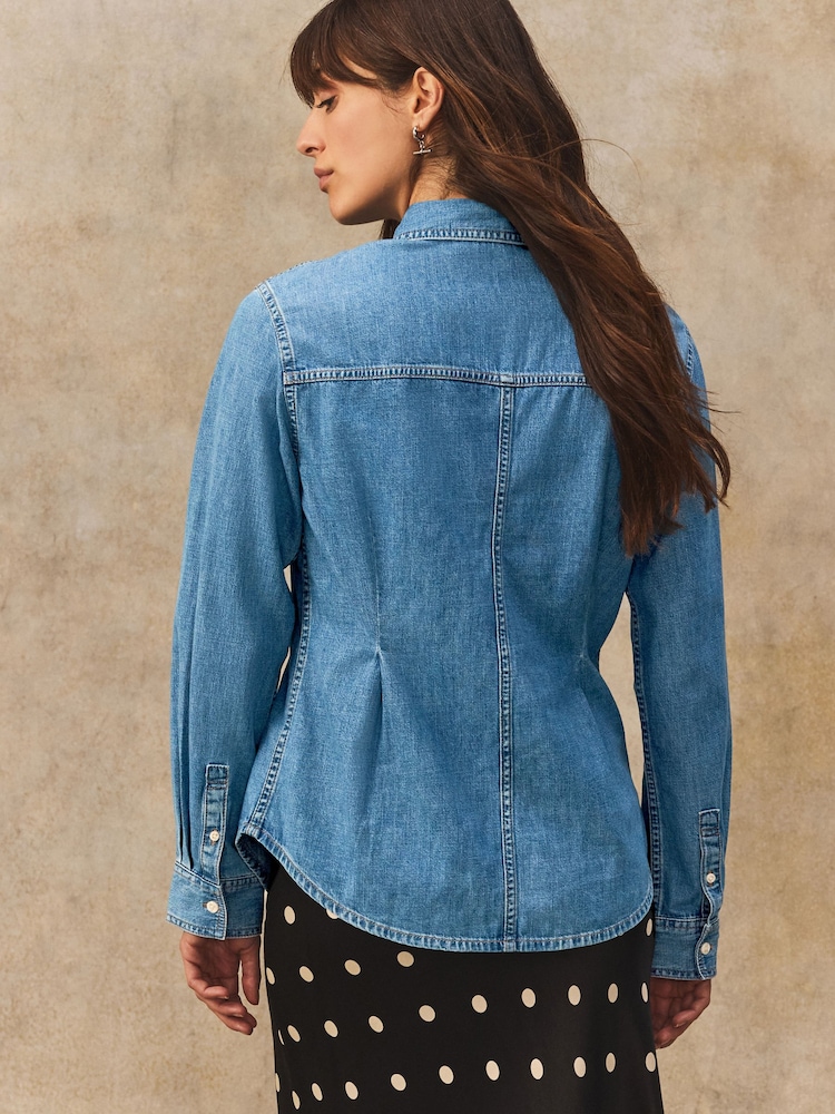 Mid Blue Waist Cinch Denim 100% Cotton Shirt - Image 3 of 7