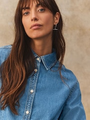 Bleu moyen - Chemise en jean 100% coton à taille cintrée - Image 4 de 7
