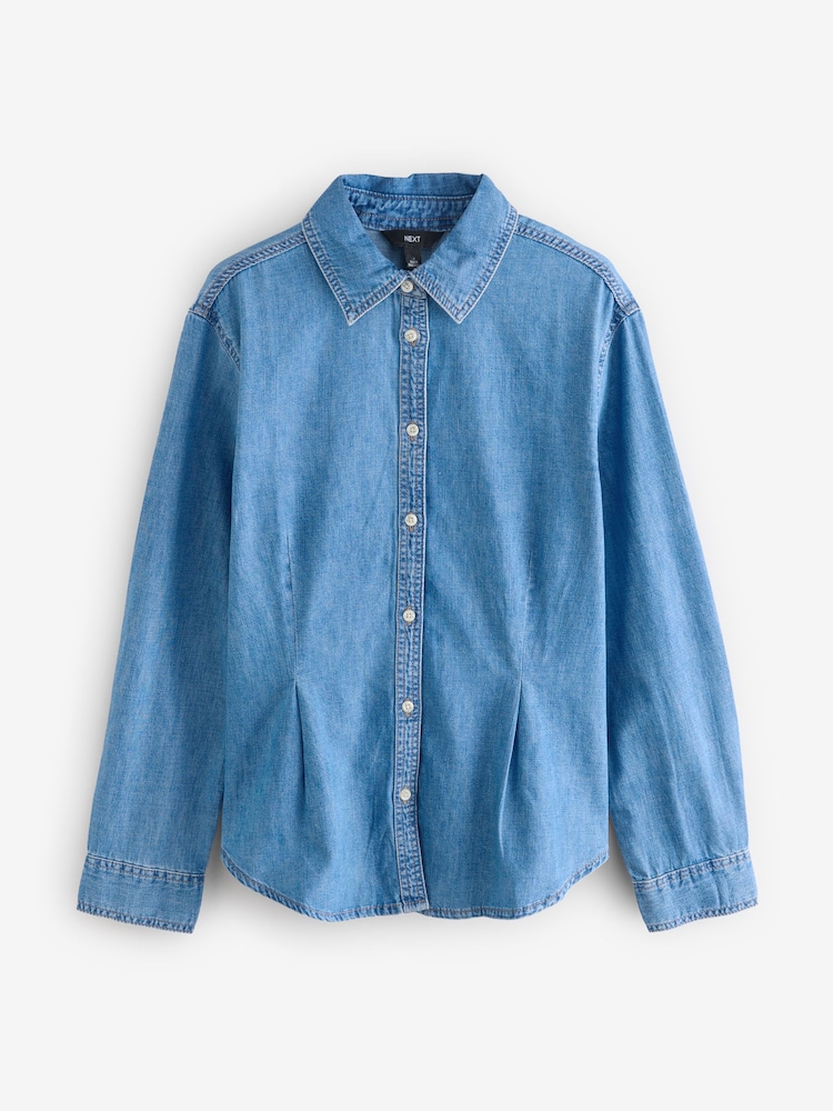 Mid Blue Waist Cinch Denim 100% Cotton Shirt - Image 5 of 7