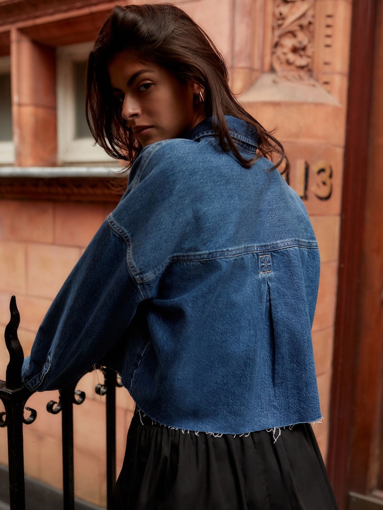 Dark Blue Cropped Denim Shacket - Image 2 of 5