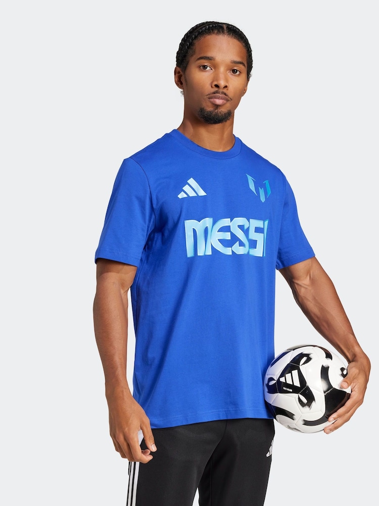 adidas Blue Messi Name and Number Graphic 100% Cotton T-Shirt - Image 1 of 6