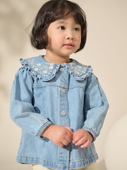 Blue Denim 100% Cotton Embroidered Frill Collar Jacket (3mths-7yrs) - Image 1 of 8