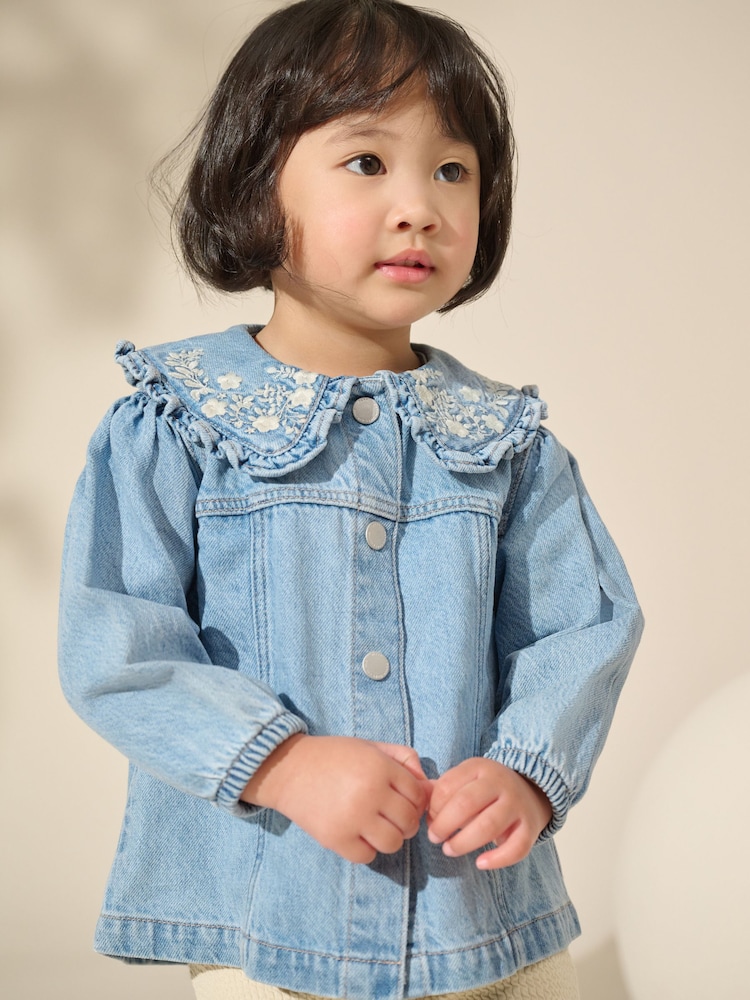 Blue Denim 100% Cotton Embroidered Frill Collar Jacket (3mths-7yrs) - Image 1 of 8