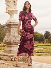 Lipsy Purple Short Sleeve Floral Mesh Midi Dress - Image 1 of 4